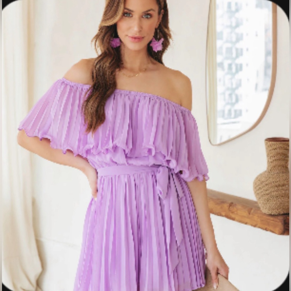 Vici Pleated Off the Shoulder Lilac Romper